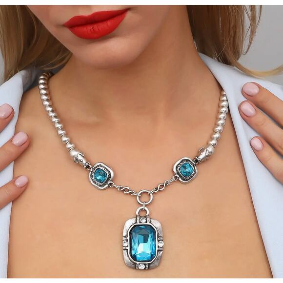 Aven Silver Plated Rectengular Crystal Turquoise Stone Ball Chain Necklace - Picture 1 of 1
